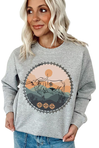 Gray Western Fashion Bull Graphic Print Sweatshirt LC25314505-11