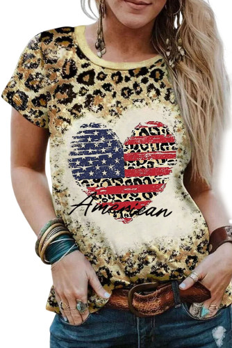 Leopard American Flag Heart Graphic Print T Shirt LC25220277-20