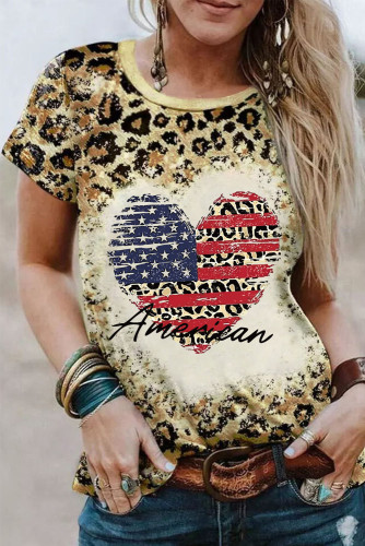 Leopard American Flag Heart Graphic Print T Shirt LC25220277-20