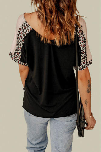 Black Mama Floral Leopard Patchwork Half Sleeve T Shirt LC25120815-2
