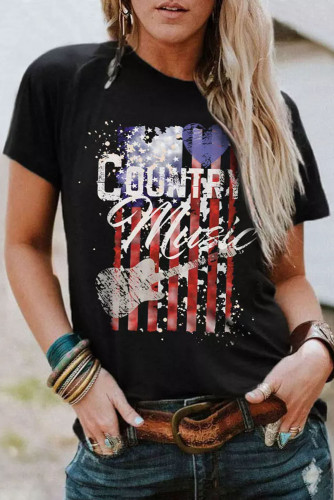 Black Country Music American Flag Print Short Sleeve T Shirt LC25220380-2