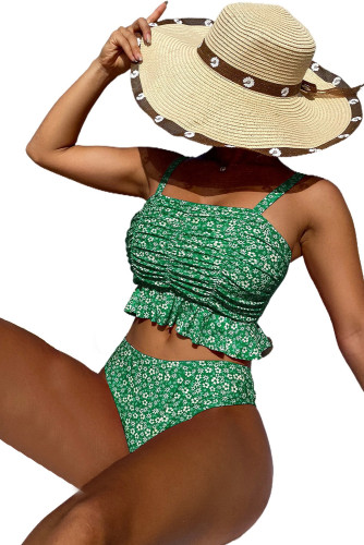 Green Dainty Floral Print Ruffle Trim 2pcs Bikini Swimsuit LC433902-9