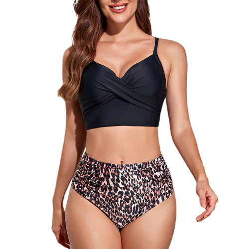 Black Back Crisscross Leopard High Waist Bikini Swimsuit TQX610030-20