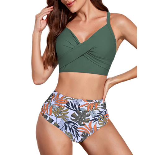 Pea Green Back Crisscross Leaf Print High Waist Bikini Swimsuit TQX610030-64