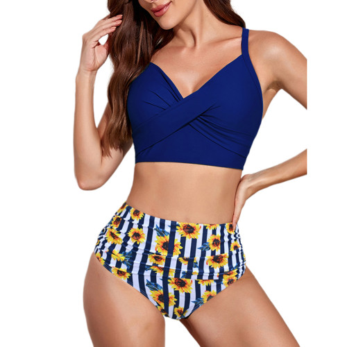 Blue Back Crisscross Sunflower Print High Waist Bikini Swimsuit TQX610030-5