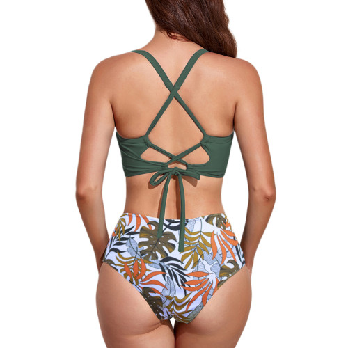 Pea Green Back Crisscross Leaf Print High Waist Bikini Swimsuit TQX610030-64