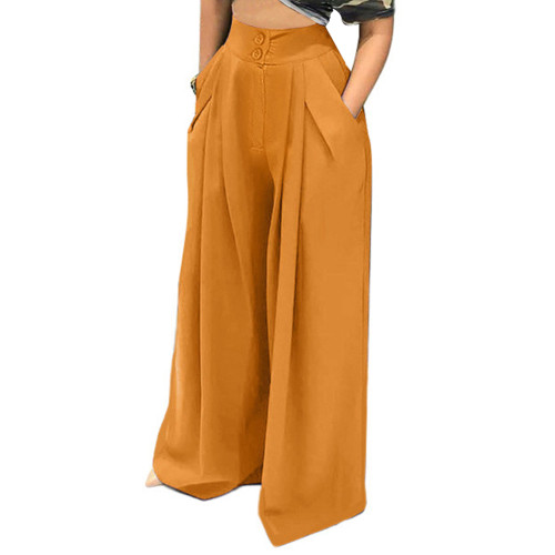 Yellow Button Wide Leg Pants With Packet TQV510112-7