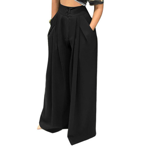 Black Button Wide Leg Pants With Packet TQV510112-2