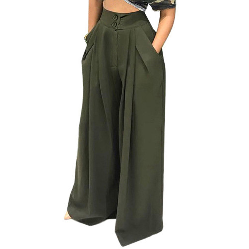 Army Green Button  Wide Leg Pants With Packet TQV510112-27
