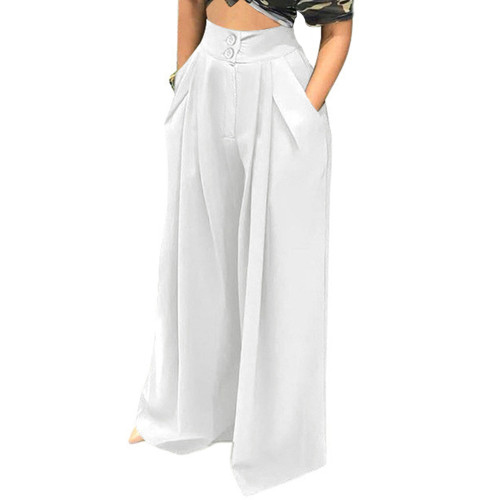 White Button  Wide Leg Pants With Packet TQV510112-1