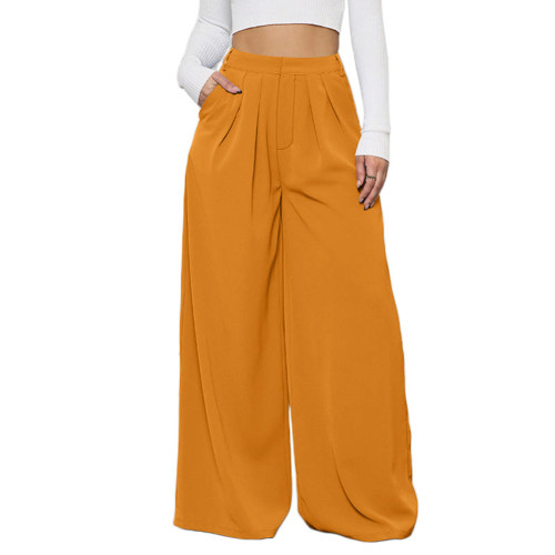 Yellow Wide Leg Pants With Packet   TQV510113-7