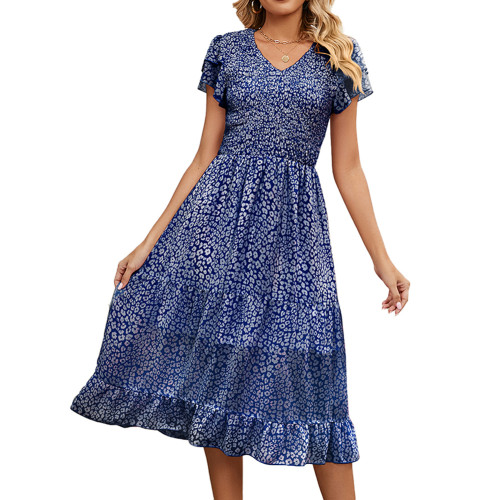 Blue V Neck Pleated Chiffon Floral Dress TQK311522-5