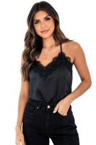 Black Lace Neckline Sleeveless Satin Bodysuit LC6421316-2