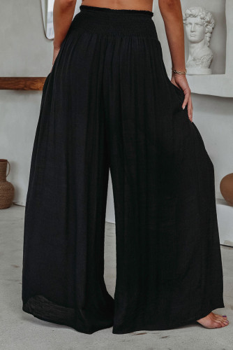 Black Frill Smocked High Waist Flowy Wide Leg Pants LC7711648-2