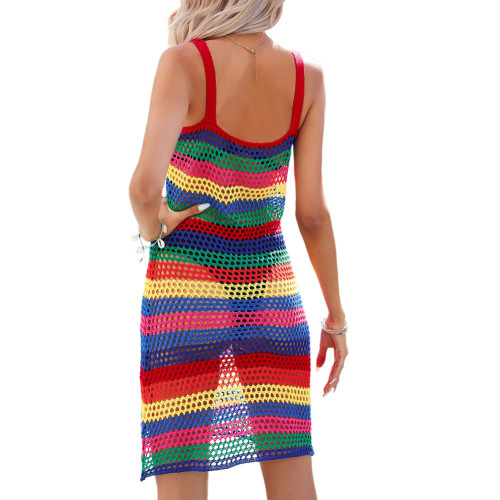 Multicolor Knitted Hollw-out Sleeveless Contrast Beach Cover TQK311537-29