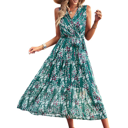 Green V Neck  Sleeveless Ruffle Floral Dresses TQK311533-9