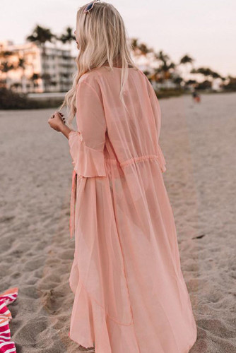 Pink Ruffle Half Sleeve Tie Front Flowy Beach Cover Up LC421763-10