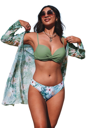 Green 3pcs Tropical Print Twist Bikini with Kimono LC481339-9