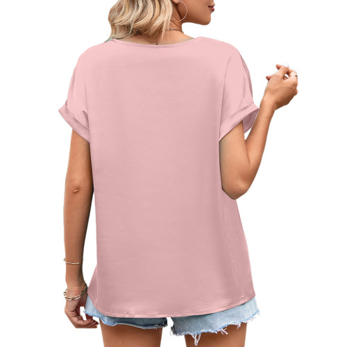 Pink Lace V Neck Bat Short Sleeve Blouse TQX210269-10