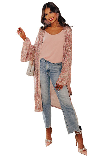 Pink Flare Sleeve Open Front Sequin Kimono LC2541709-10