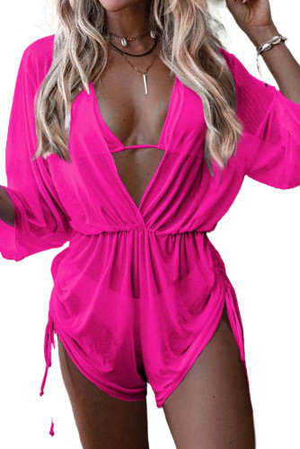 Pink V Neck Half Sleeves Drawstring Beach Cover-up LC421821-10