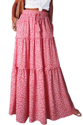Pink Leopard Print Frilled Drawstring High Waist Maxi Skirt LC721354-10