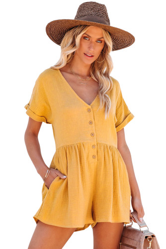 Yellow Button V Neck Crinkle Pocketed Romper LC6411817-7