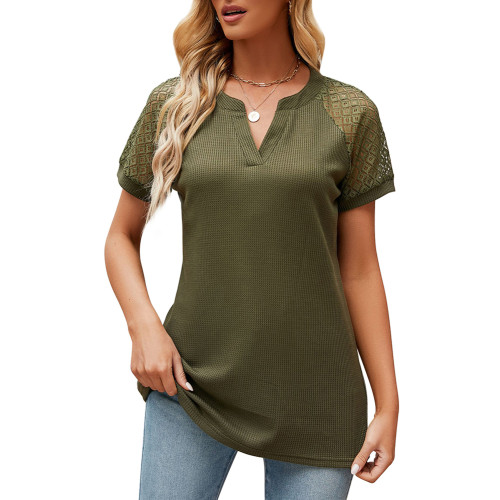 Army Green Splicing Lace Short Sleeve Tops TQX210257-27