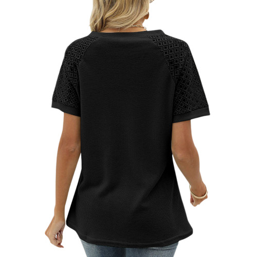 Black Splicing Lace Short Sleeve Tops TQX210257-2