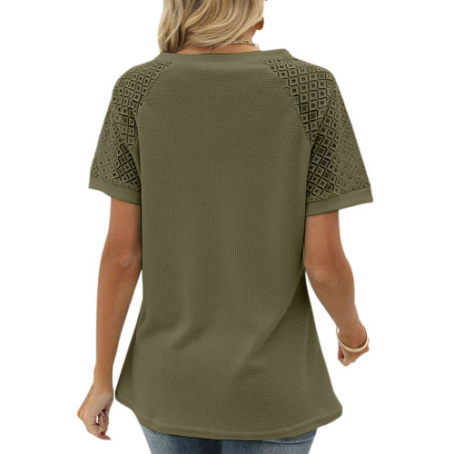 Army Green Splicing Lace Short Sleeve Tops TQX210257-27