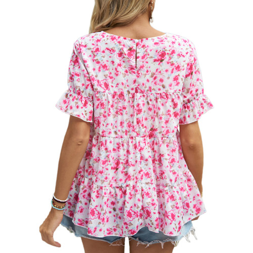 Pink Crew Neck Print Chiffon Short Sleeve Top TQX210256-10