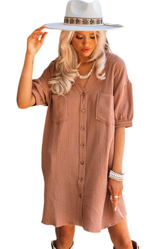 Brown Crinkle Textured Joint Bubble Sleeve Shirt Dress LC6114438-17