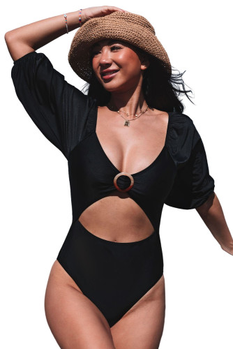 Black Puff Sleeve Cutout V Neck One Piece Swimsuit LC443400-2
