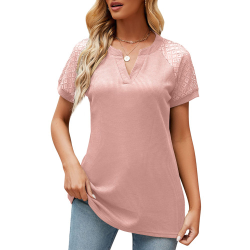 Pink Splicing Lace Short Sleeve Tops TQX210257-10