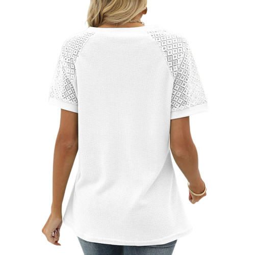 White Splicing Lace Short Sleeve Tops TQX210257-1