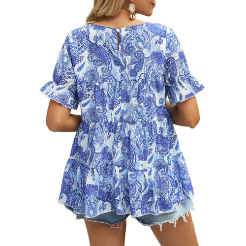 Blue Crew Neck Print Chiffon Short Sleeve Top TQX210256-5