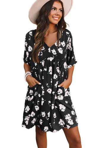 Black V Neck Floral Babydoll Dress with Pockets LC6113612-2