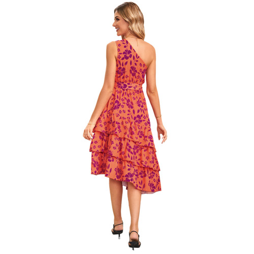 Orange Floral Print Tiered Ruffle One-shoulder Dress TQBA220301-1