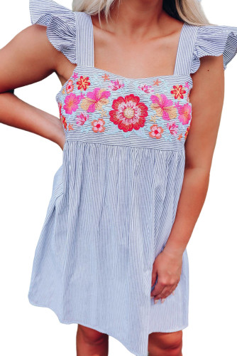 Sky Blue Floral Embroidered Striped Ruffled Sleeveless Mini Dress LC6114114-4