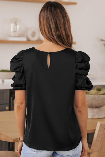 Black Ruched Puff Short Sleeve Satin Blouse LC25119594-2