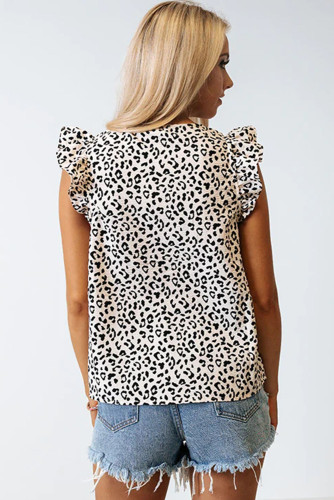 Leopard Ruffle Sleeve Embellished V-neck Blouse LC25120578-20