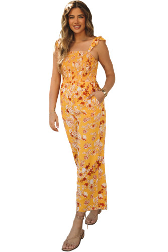 Yellow Floral Print Ruffle Shoulder Smocked Wide Leg Jumpsuit LC6411812-7