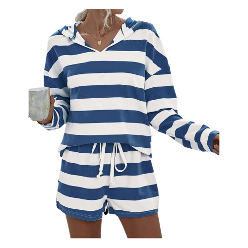 Blue Striped Long Sleeve Top With Shorts Set TQX711100-5