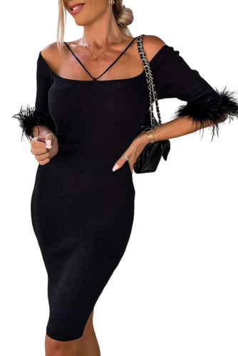 Black Ribbed Off Shoulder Feather Cuff Bodycon Dress LC6113095-2