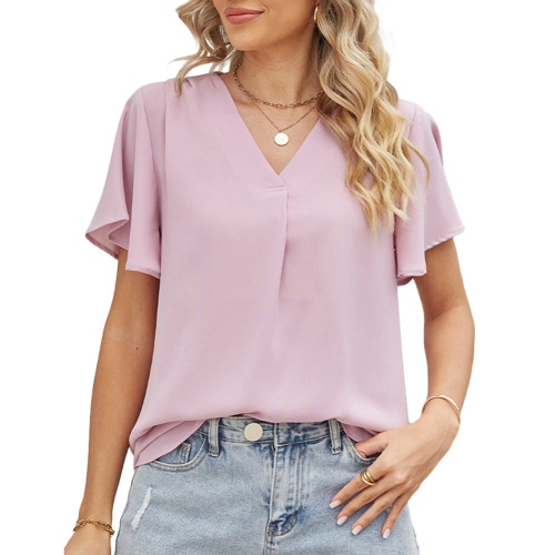 Pink Pleated V Neck Short Sleeve Top TQX210278-10