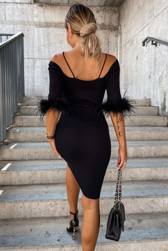 Black Ribbed Off Shoulder Feather Cuff Bodycon Dress LC6113095-2
