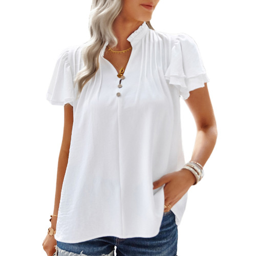 White Pleated Button Ruffle Short Sleeve Blouse TQX210276-1