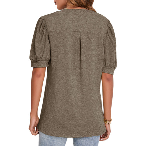 Coffee Puff Sleeve V Neck Casual T-Shirt TQX210277-15