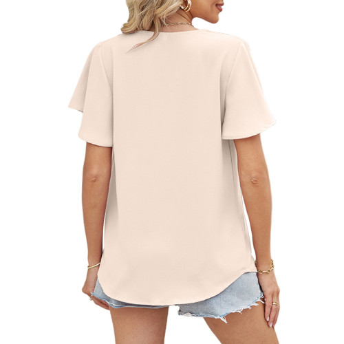 Apricot Pleated V Neck Short Sleeve Top TQX210278-18