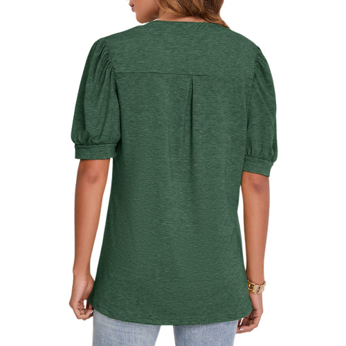 Green Puff Sleeve V Neck Casual T-Shirt TQX210277-9